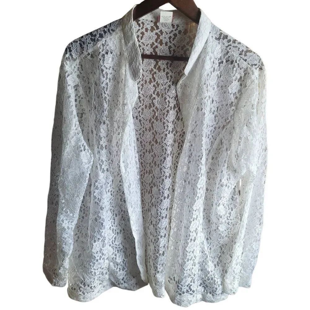 Tudor Court Blouse Women's 2X Ivory Sheer Floral Lace Romantic Vintage